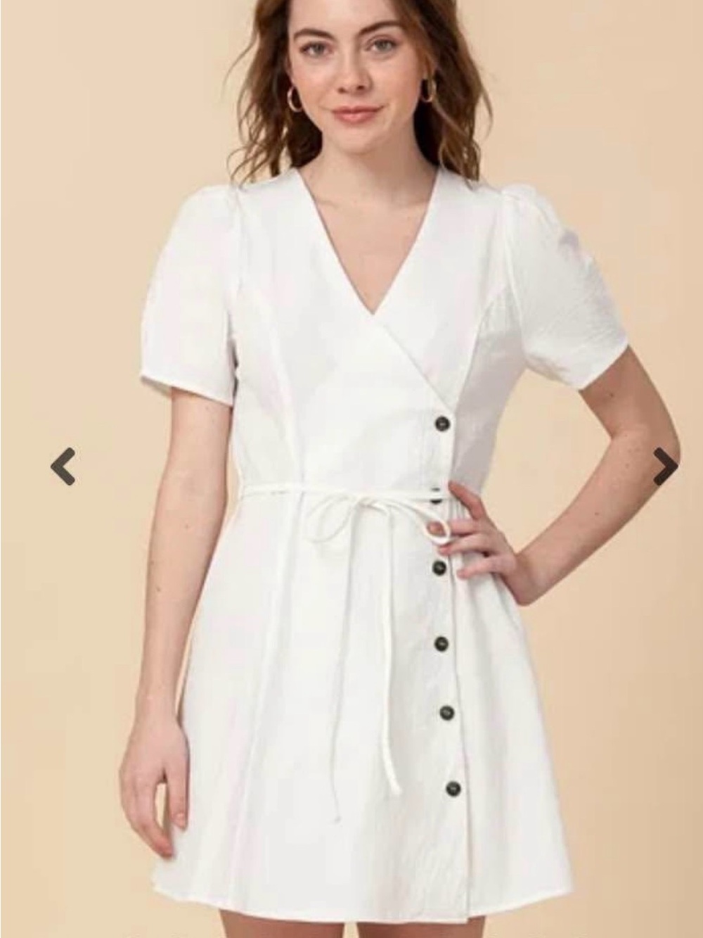 White Wrap-Style Short Sleeve Dress with Button Detail